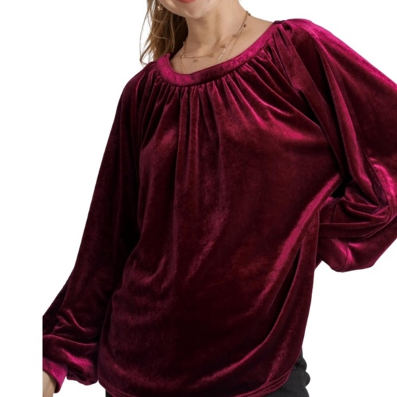 Umgee+ | Velvet Round Neck Long Sleeve Top Sangria 2XL - Picture 1 of 6